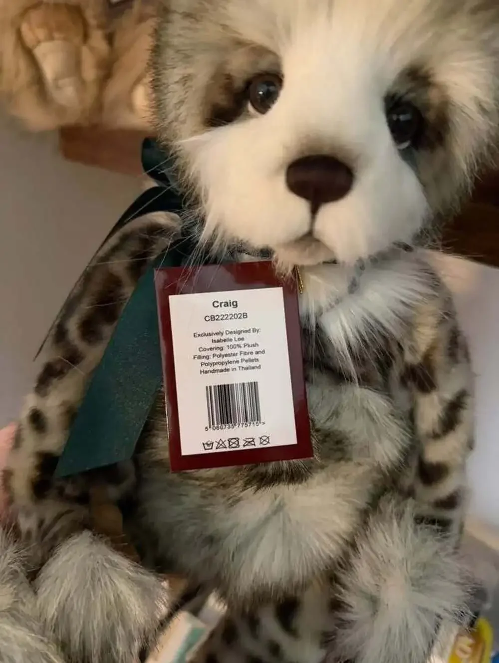 Charlie Bears CB222202B Craig Panda Bear Plush Chocolate/Grey Animal Pattern NWT